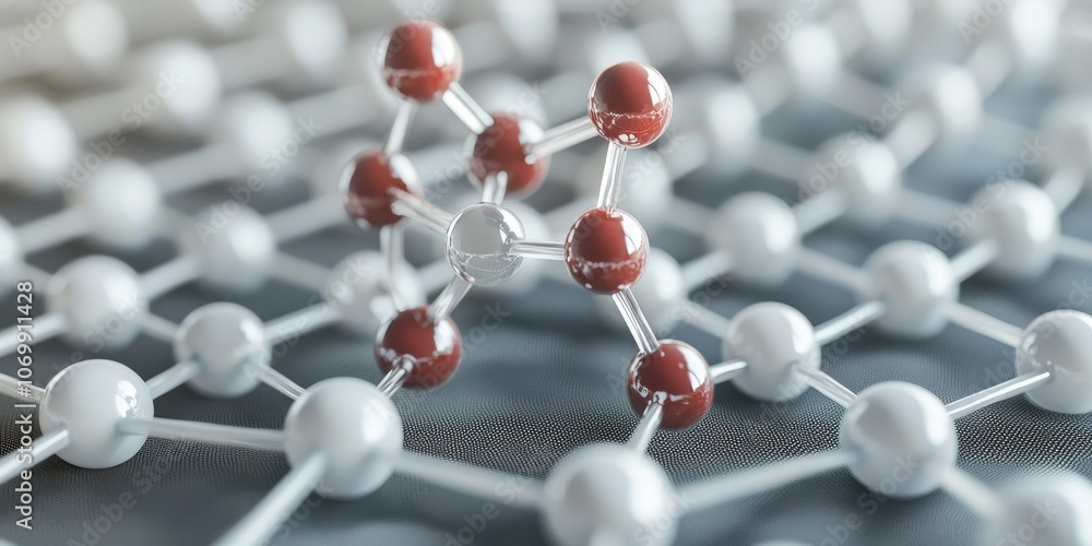 Obraz premium A close-up view of a molecular structure with interconnected atoms, illustrating the complexity and clarity of chemical bonds and molecular arrangements.