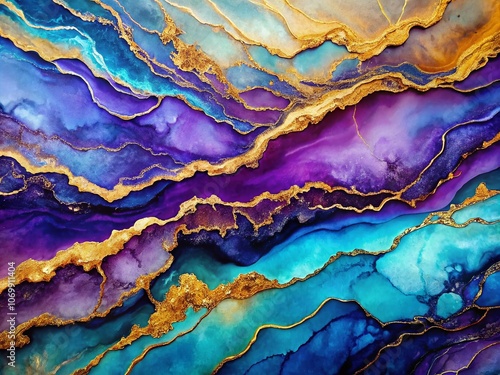 Vibrant Abstract Fluid Art: Geological Layering in Blue, Purple, and Gold for Urban Exploration Photography