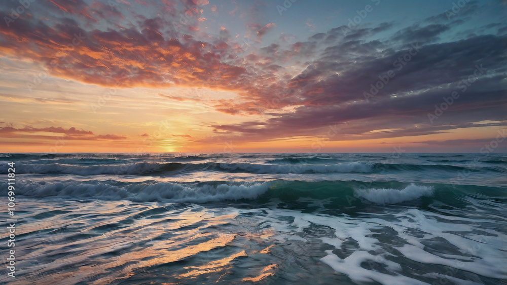 Fototapeta premium Vibrant Sunset Over Rolling Ocean Waves