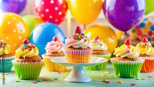 Vibrant Birthday Card Party with Colorful Cupcakes and Balloons - A Realistic Illustration of a Joyful Celebration Scene for Stock Photo Use