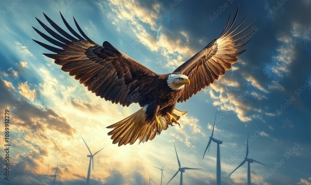 custom made wallpaper toronto digitalBald eagle flying over wind turbines in sky.
