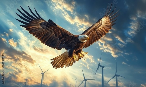 Wallpaper Mural Bald eagle flying over wind turbines in sky. Torontodigital.ca