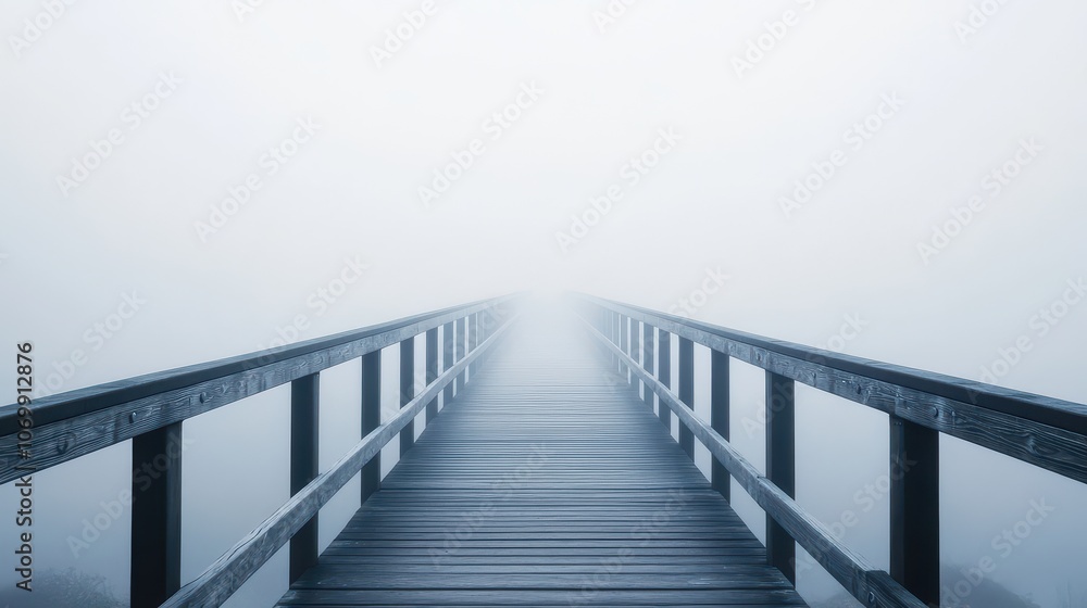 A serene wooden bridge disappearing into a dense fog, evoking a sense of mystery and tranquility in nature. A serene wooden bridge disappearing into a dense fog, evoking a sense of mystery and tranquility in nature.