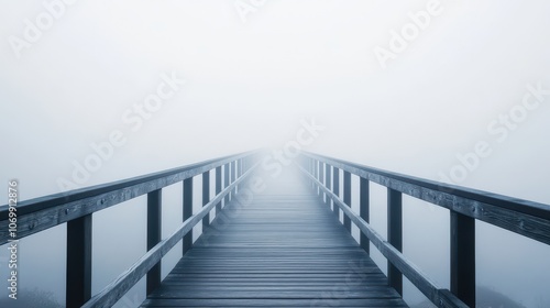 A serene wooden bridge disappearing into a dense fog, evoking a sense of mystery and tranquility in nature.