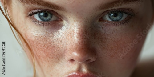 A close up view of a Caucasian woman with pale skin on her face, highlighting her light complexion in detail.