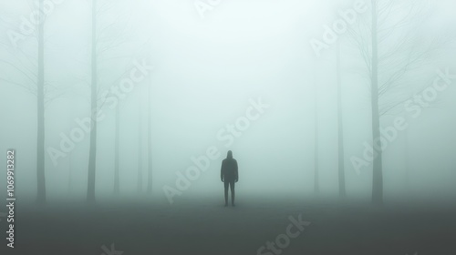 A solitary figure stands amidst foggy trees, creating a mysterious and atmospheric scene ideal for various themes.