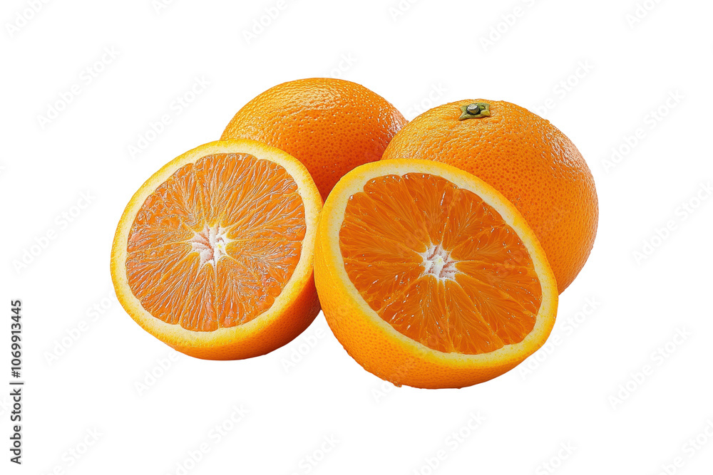 Fresh oranges, whole and sliced, showcasing vibrant orange color and juicy texture. Perfect for healthy snacks or refreshing juices Fresh oranges, whole and sliced, showcasing vibrant orange color and juicy texture. Perfect for healthy snacks or refreshing juices