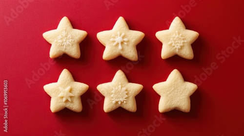 Festive Christmas Cookies Shaped as Stars and Trees on Red Background