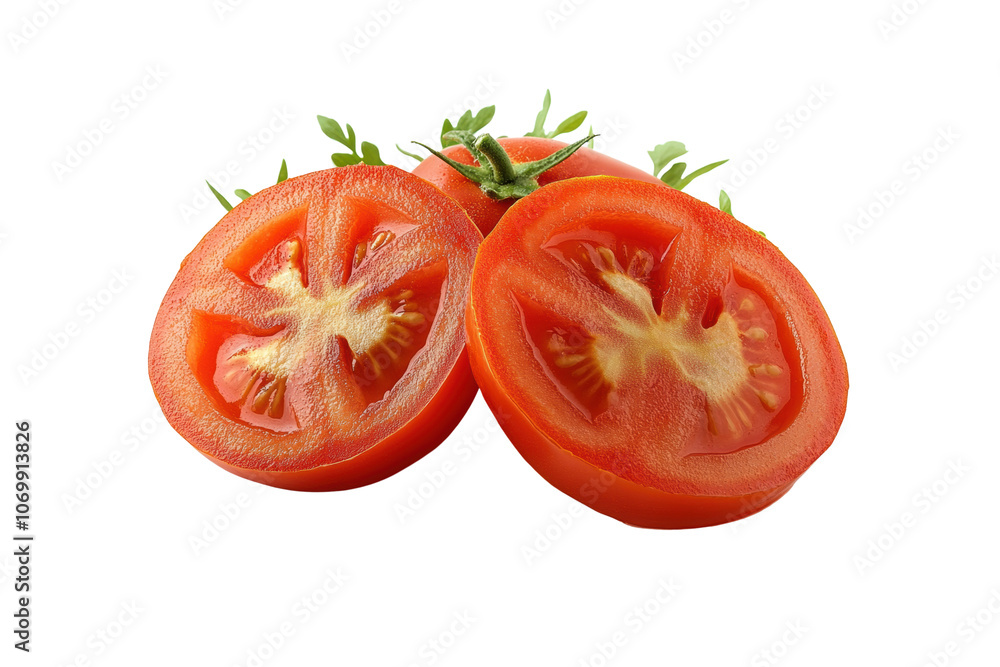 Fresh sliced tomatoes with green sprouts, vibrant red color, and juicy texture, perfect for salads and garnishes Fresh sliced tomatoes with green sprouts, vibrant red color, and juicy texture, perfect for salads and garnishes