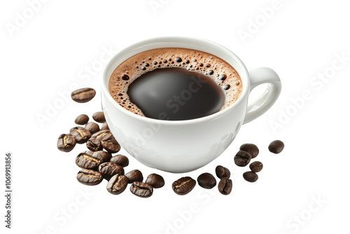 steaming cup of black coffee surrounded by roasted coffee beans, perfect for coffee lovers. Enjoy rich aroma and flavor
