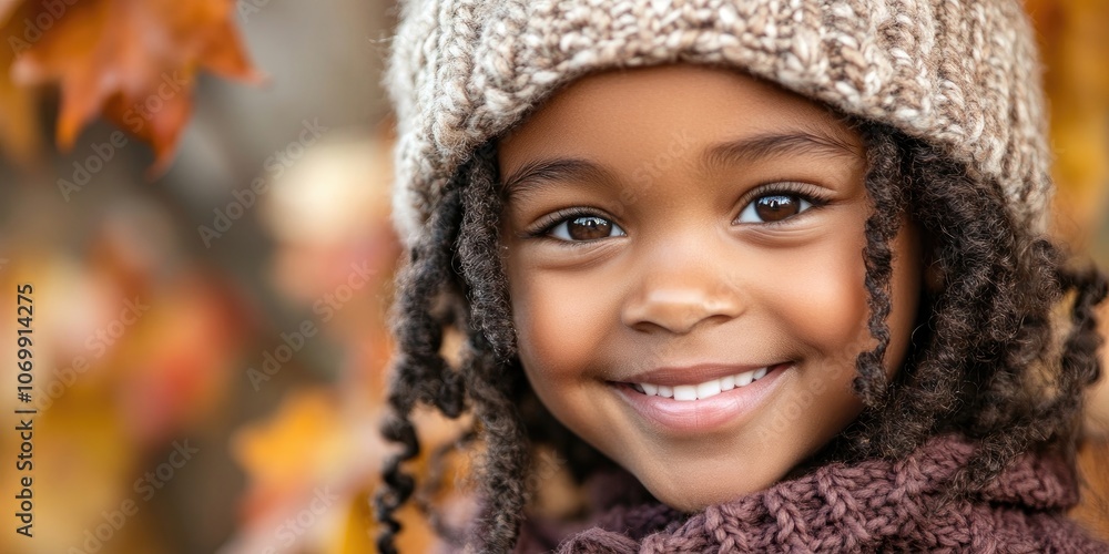 Charming children reveling in the autumn season. A delightful African American girl, wearing a cozy knitted hat, beams with joy on this brisk day in a close up portrait. Charming children reveling in the autumn season. A delightful African American girl, wearing a cozy knitted hat, beams with joy on this brisk day in a close up portrait.