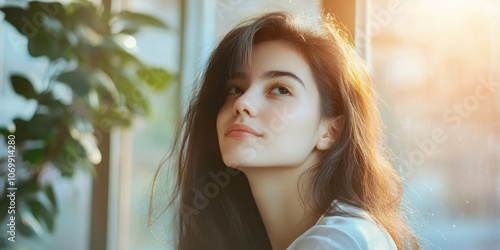 A young woman contemplates her quietness, turning her feelings of boredom into a driving force for deep self exploration and empowerment among women. photo