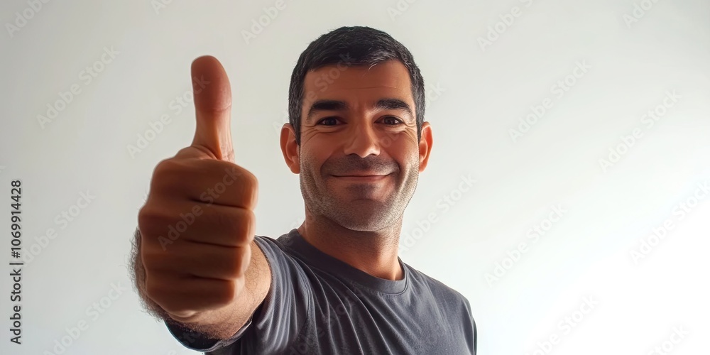 A happy man is showing a thumbs up gesture against a white background, exuding positivity and approval. His cheerful demeanor is emphasized by the thumbs up sign. A happy man is showing a thumbs up gesture against a white background, exuding positivity and approval. His cheerful demeanor is emphasized by the thumbs up sign.