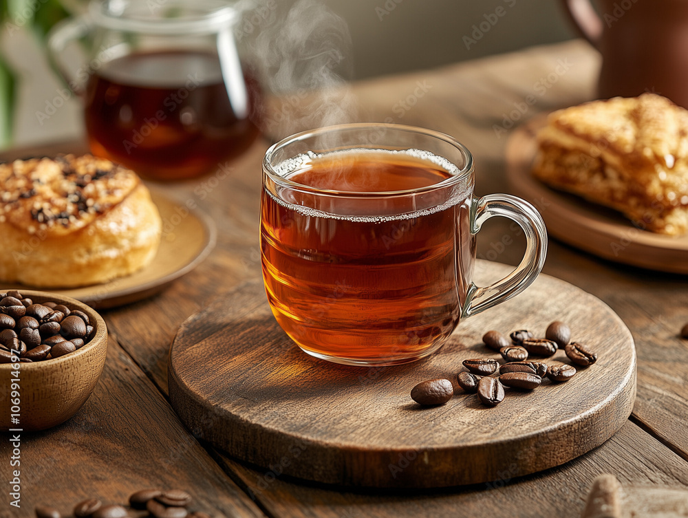 Tea and coffee setup on a wooden table Tea and coffee setup on a wooden table