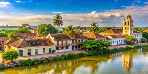 Vibrant Landscape of Santa Cruz de Mompox, Colombia Showcasing Colonial Architecture and Lush Nature with a Scenic River View in the Background and Ample Copy Space for Text Overlay photo