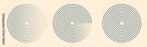 Circle rings gradient graphic elements vector simple illustration set, circular round ripple lines strokes decoration halftone geometric texture abstract, modern trendy minimal rotating radar spiral
