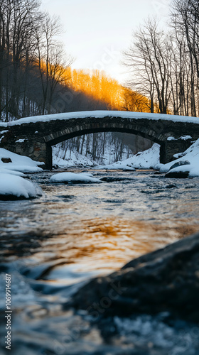 Winter Landscape with Stone Bridge and River