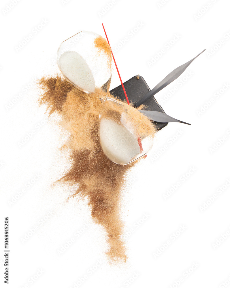 Close up of Sand Hourglass, clock hands arms and sand explosion over white background isolated. Sand through time hourglass waste fall down as time management concept Close up of Sand Hourglass, clock hands arms and sand explosion over white background isolated. Sand through time hourglass waste fall down as time management concept