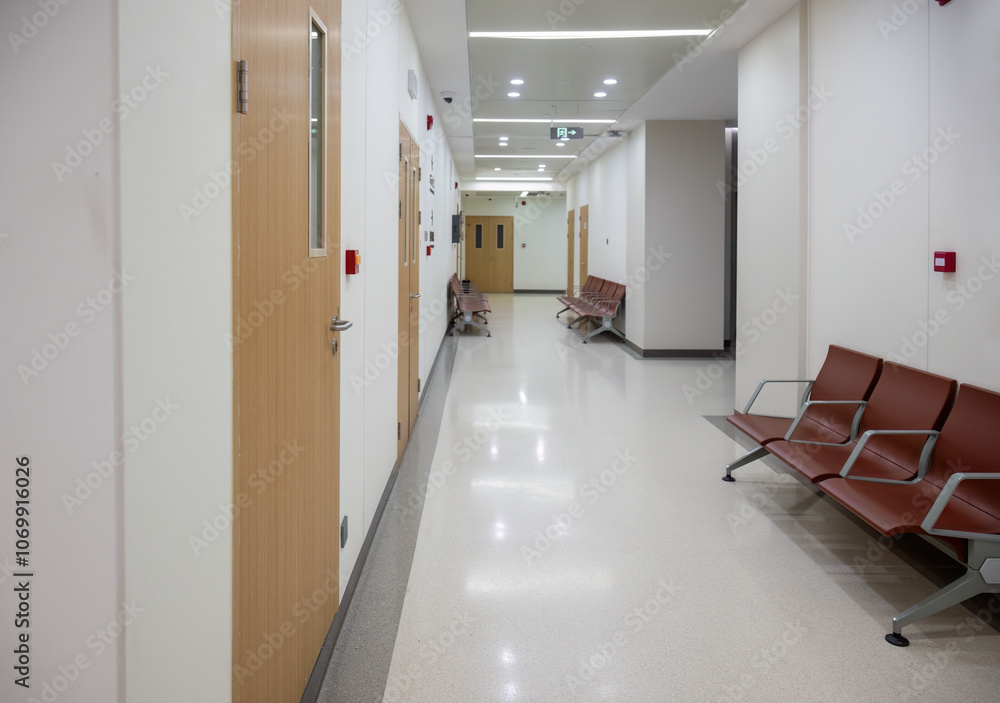 Empty chairs in a corridor at the hospital.
