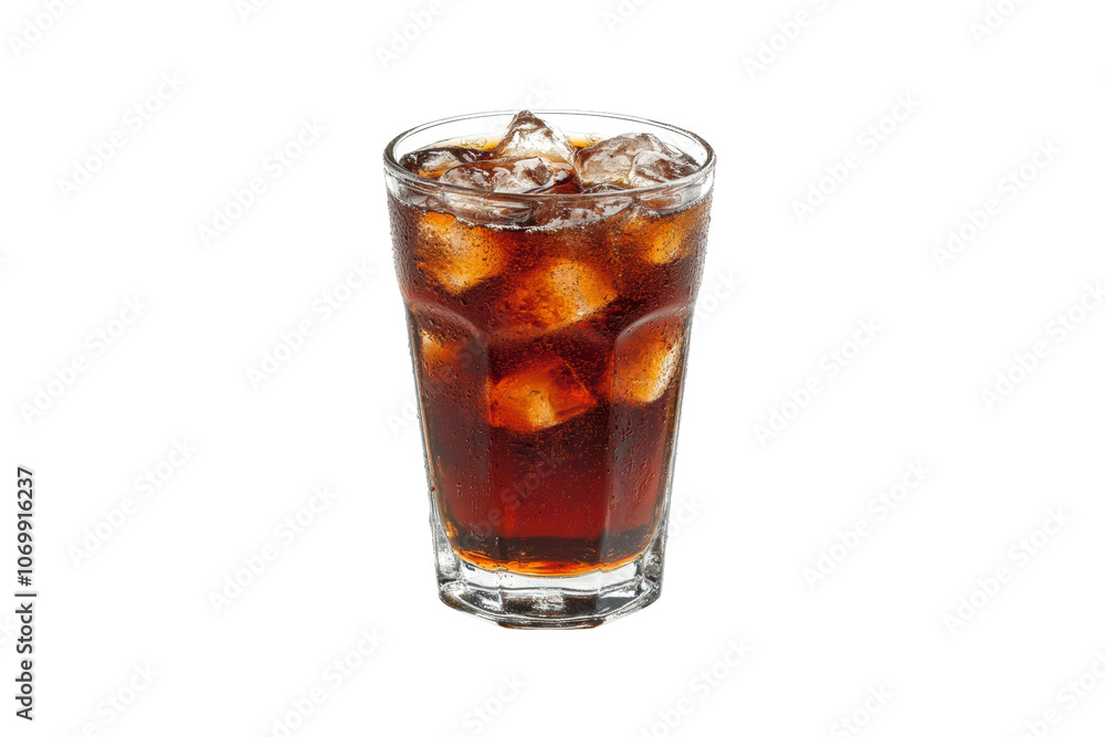Refreshing glass of cola with ice cubes, perfect for hot days. Enjoy fizzy drink in clear glass, showcasing bubbles and ice Refreshing glass of cola with ice cubes, perfect for hot days. Enjoy fizzy drink in clear glass, showcasing bubbles and ice