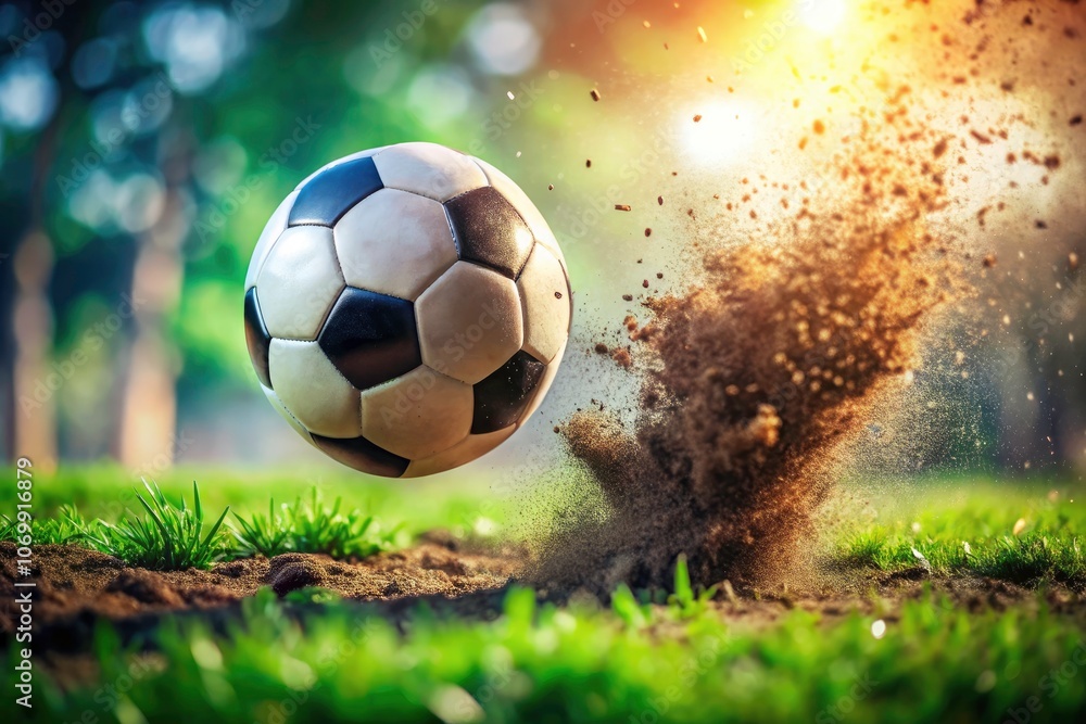 Naklejka premium Close-Up of a Soccer Ball Kicking Up Dirt on Grass - Minimalist Photography of Sports Action and Nature