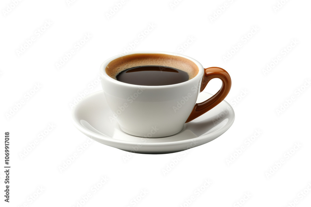 white coffee cup with brown handle, filled with black coffee, sits on saucer. image captures essence of cozy coffee moment white coffee cup with brown handle, filled with black coffee, sits on saucer. image captures essence of cozy coffee moment