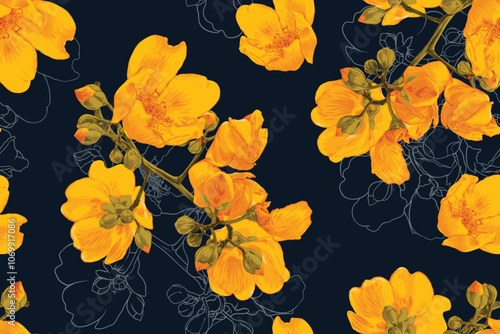 Floral seamless pattern with Cochlospermum religiosum​ flowers background.Vector illustration hand drawing. For textile,curtain,fabric pattern print design.