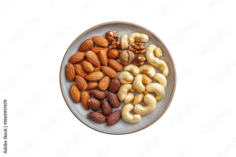 Nuts assortment on round plate featuring almonds, cashews, and walnuts, showcasing variety of textures and colors, perfect for healthy snacking Nuts assortment on round plate featuring almonds, cashews, and walnuts, showcasing variety of textures and colors, perfect for healthy snacking