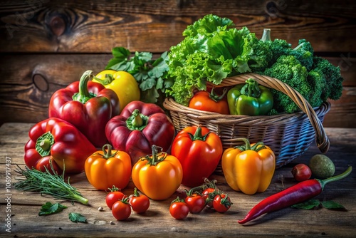 Vibrant Still Life Composition Featuring Fresh Vegetables on Rustic Wooden Table with Natural Light Showcasing the Beauty and Diversity of Nature's Harvest