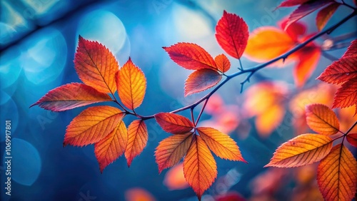 Close-Up Silhouette of Vibrant Red and Orange Autumn Leaves Against a Softly Blurred Blue Background in Nature