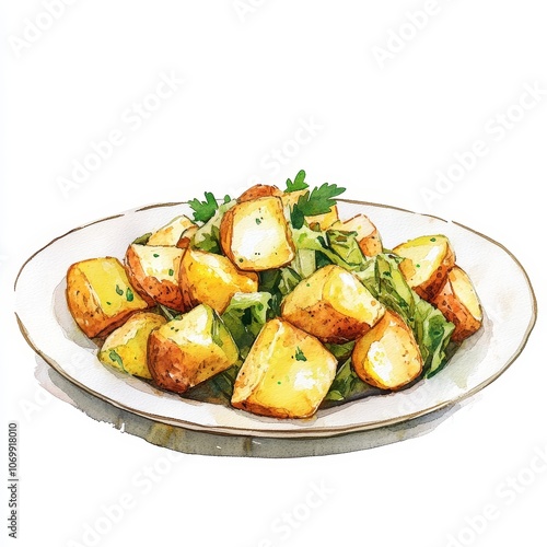 Warm Plate of Watercolor Roasted Potatoes and Greens