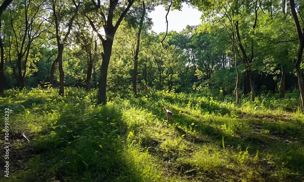 Sunlit Forest with Grazing Deer in Tranquil Greenery During Serene Afternoon