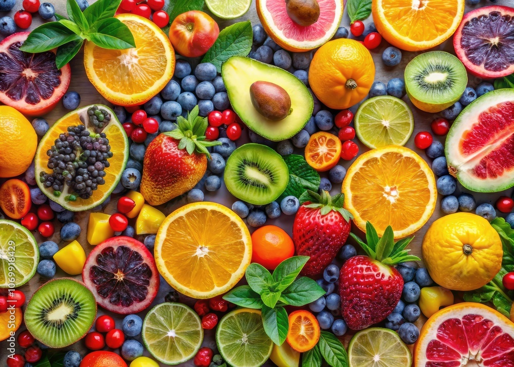 Colorful Fruit Collage on Abstract Background - Vibrant Berries, Exotic Tropical Fruits, and Citrus on Artistic Backdrop, Perfect for Healthy Lifestyle, Smoothies, and Summer Themes Colorful Fruit Collage on Abstract Background - Vibrant Berries, Exotic Tropical Fruits, and Citrus on Artistic Backdrop, Perfect for Healthy Lifestyle, Smoothies, and Summer Themes