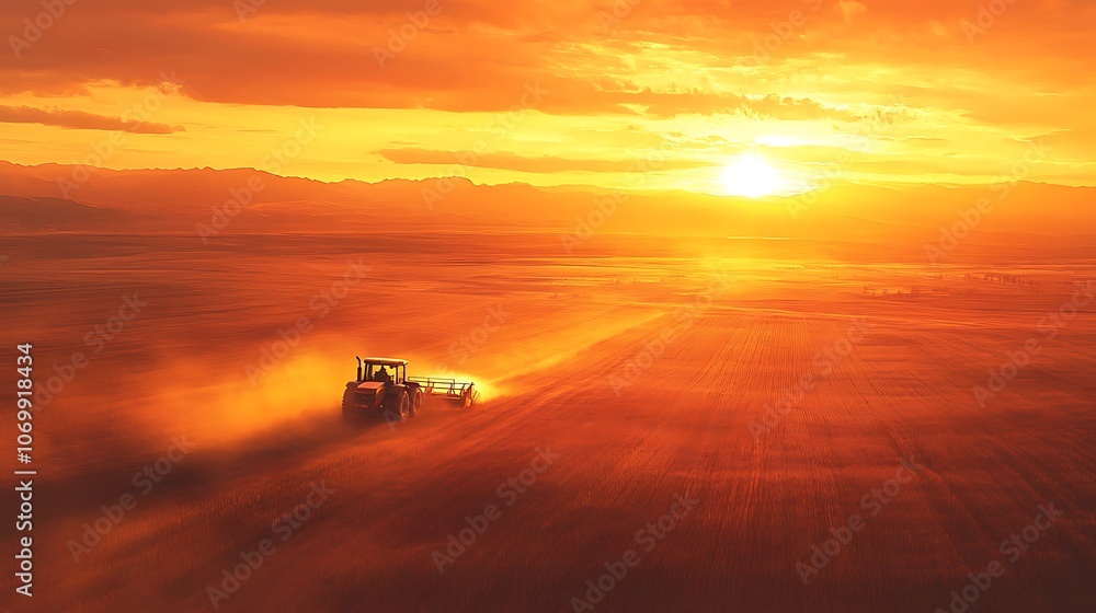 Tractor cultivates fields under golden sunset Tractor cultivates fields under golden sunset