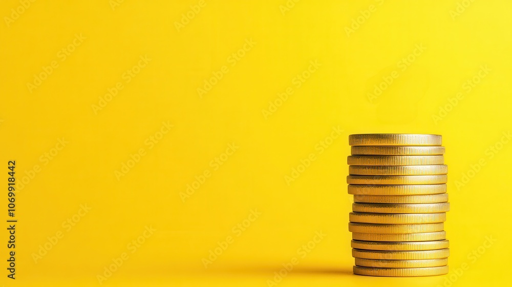 A stack of golden coins against a bright yellow background, symbolizing wealth and prosperity in a minimalist style. A stack of golden coins against a bright yellow background, symbolizing wealth and prosperity in a minimalist style.