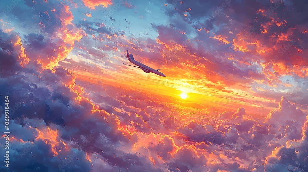 A plane soars through colorful sunset clouds A plane soars through colorful sunset clouds