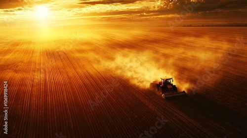 Tractor works the fields at sunset creating dust clouds