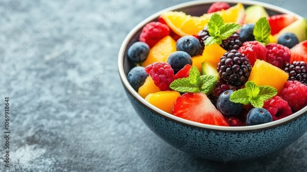 A vibrant bowl of mixed fresh fruits, including berries, melon, and mint, perfect for healthy eating and summer vibes. A vibrant bowl of mixed fresh fruits, including berries, melon, and mint, perfect for healthy eating and summer vibes.