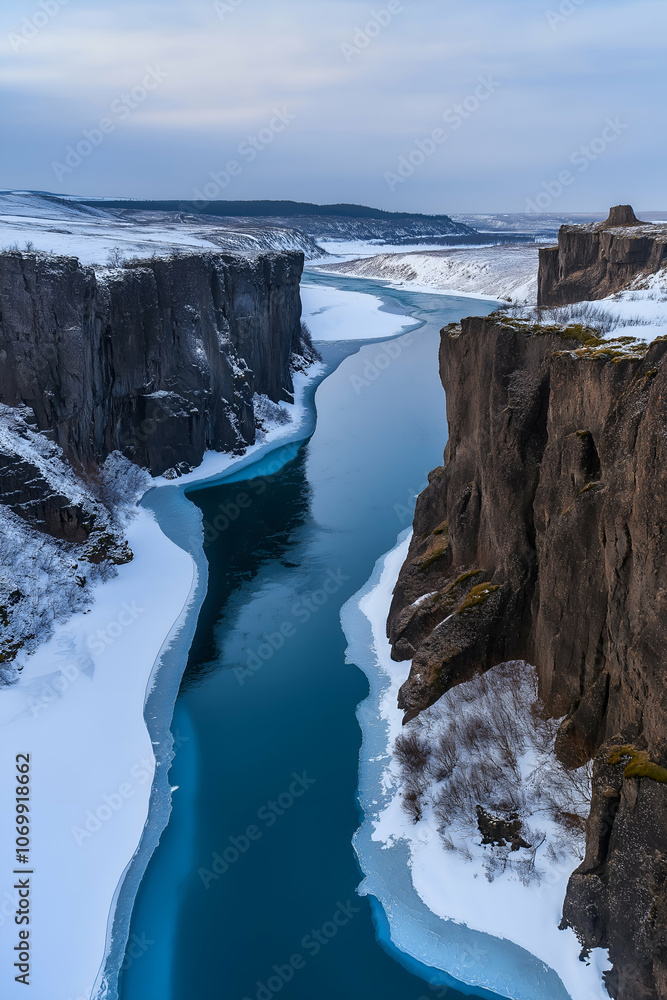 Aerial View of a Snowy Canyon River Aerial View of a Snowy Canyon River