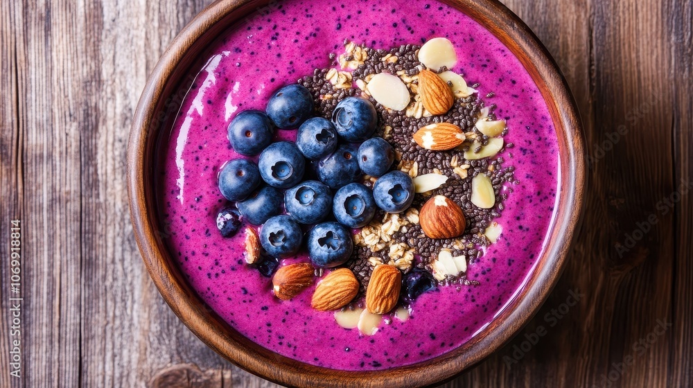 A vibrant smoothie bowl featuring dragon fruit, topped with blueberries, almonds, and oats, served in a rustic wooden bowl. A vibrant smoothie bowl featuring dragon fruit, topped with blueberries, almonds, and oats, served in a rustic wooden bowl.