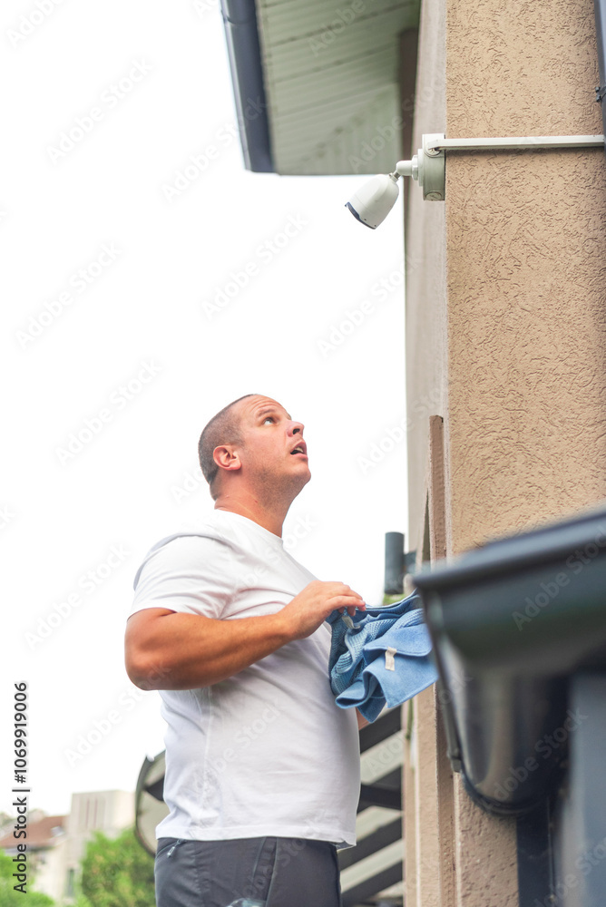 Technician installing cctv camera looking upwards for security system Technician installing cctv camera looking upwards for security system