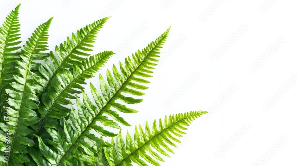 Green Fern Leaves on White Background