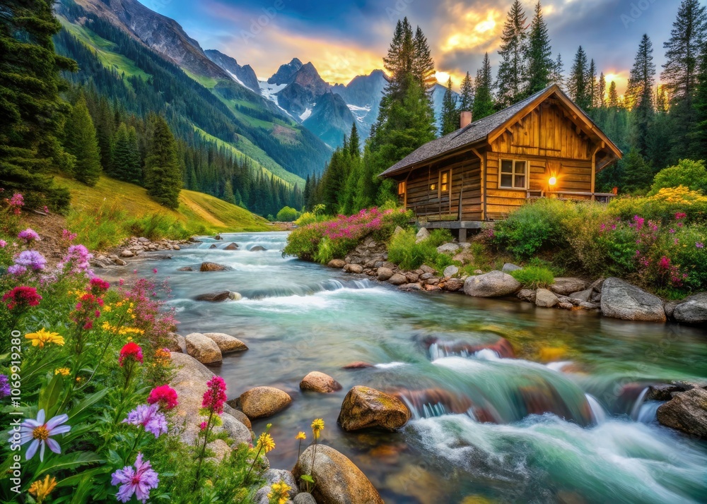 Fototapeta premium Cozy Mountain Cabin by the River - Scenic Nature Retreat, Tranquil Landscape, Rustic Getaway, Serene Wilderness, Stunning Views, Peaceful Riverbank, Majestic Mountains, Perfect Escape