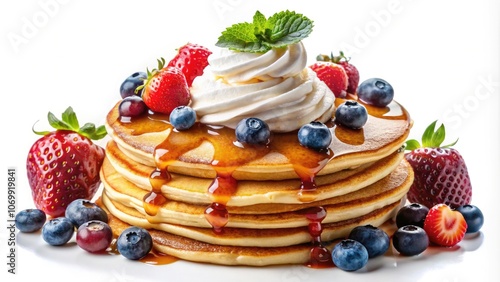 Delicious Pancake Set Cutout - Freshly Stacked Pancakes with Syrup and Berries on Transparent Background for Food Photography, Recipes, and Culinary Design