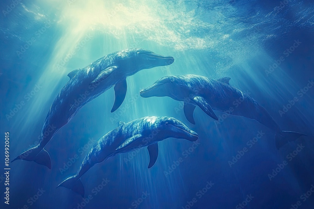 Fototapeta premium dauphins in blue ocean, drone fpv view.generative ai