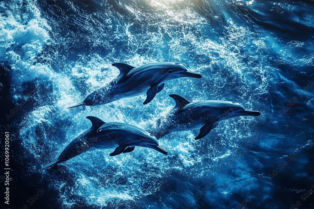 Fototapeta premium dauphins in blue ocean, drone fpv view.generative ai