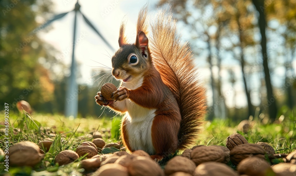 Obraz premium Squirrel holding a nut surrounded by nuts.
