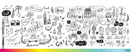 Collection of hand drawn cute doodles,Doodle children drawing,Sketch set of drawings in child style,Funny Doodle Hand Drawn,Page for coloring, cute animal hand drawn, cute Doodle