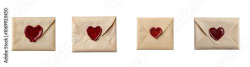 Set of vintage envelopes sealed with red heart wax, isolated on transparent background, perfect for Valentine's Day concept