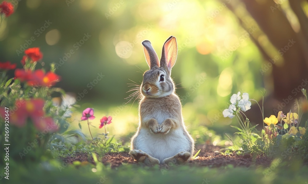 A cute rabbit sits amongst wildflowers. A cute rabbit sits amongst wildflowers.